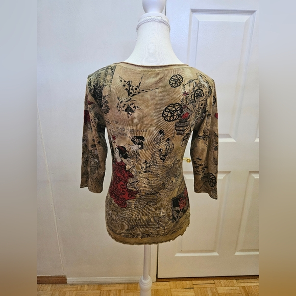 RARE NEW Y2K GLIMA Tan Red Tie Dye Print Japan Geisha Cotton Blouse Top S - Picture 7 of 9